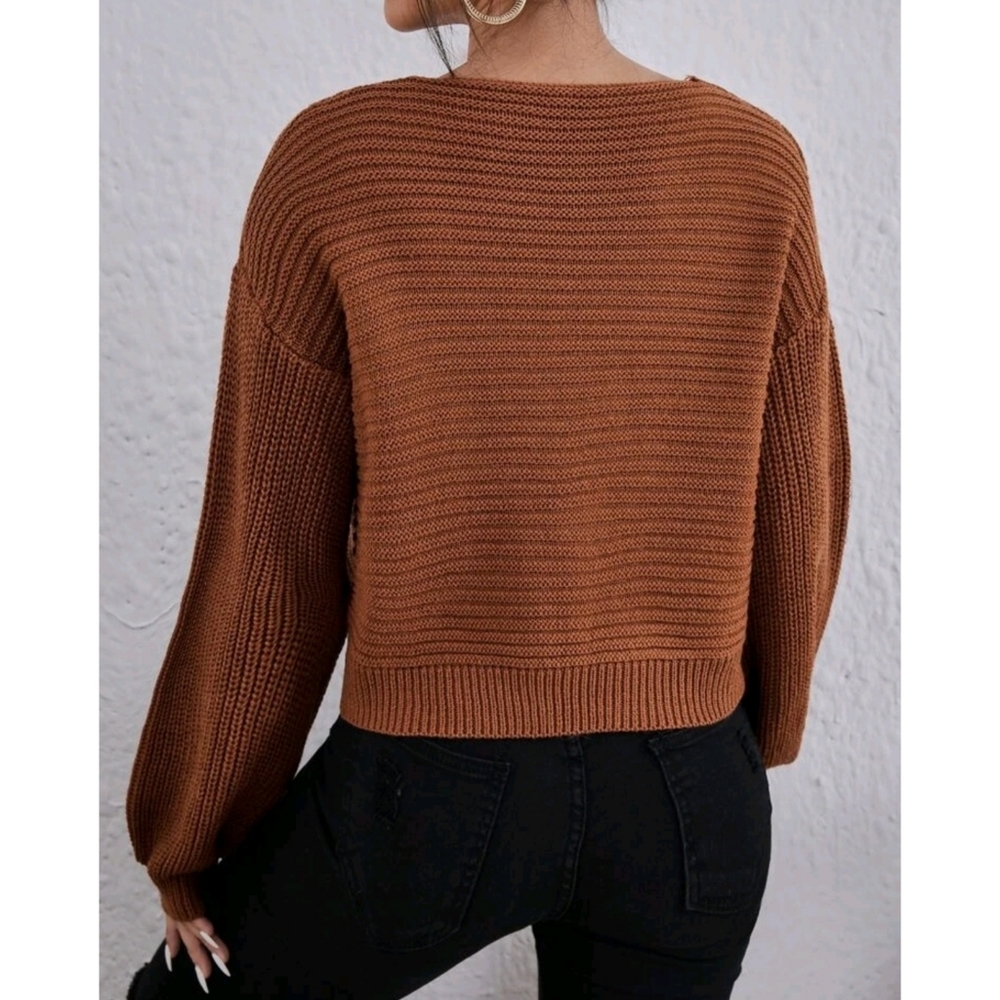 V Neck Bishop Sleeves Knit Sweater - Picture 3 of 6